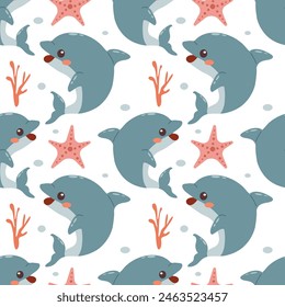 Seamless vector pattern with dolphins on a light background. Cute dolphin pattern for kids. Underwater inhabitants. Simple dolphin. Adorable sea creatures. Underwater nursery pattern. Nursery pattern