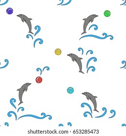 Seamless vector pattern. Dolphins in the sea on the waves and playing ball. The pattern is suitable for decoration of textiles and stationery.