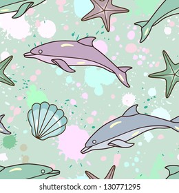 seamless vector pattern with dolphins and  shells on splash background