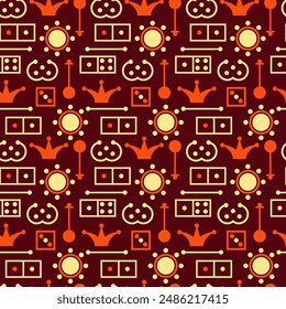 Seamless vector pattern with dominoes, jester's hats and dice. Game print for textiles, fabrics, paper, covers, decor.
