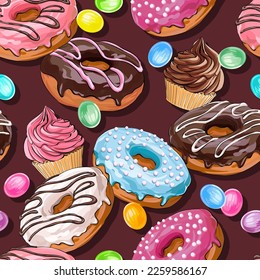 seamless vector pattern. Donut, cake, candy pattern. Sweet pattern for cafes and printing on clothes, textiles