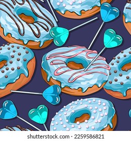 patrón vectorial transparente. Donut, pastel, patrón de caramelos. Azul. Patrón dulce para cafés e impresión en ropa, textiles