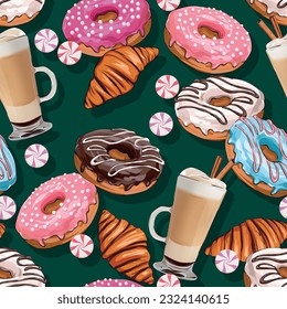 patrón vectorial transparente. Donut, tarta, café, latte, macachino. Patrón dulce para un café e impresión en ropa, textiles