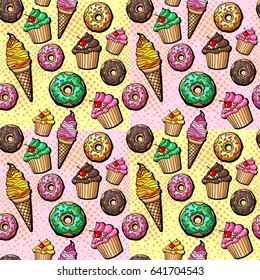 Seamless vector pattern with donut, ice cream, cupcake. Pink, yellow, green, brown stuffing. Strawberry, banana, chocolate, kiwi tastes. Pop art style