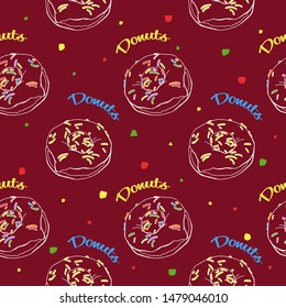Seamless vector pattern with donuts and colored confetti on a burgundy background. Isolated. Illustration