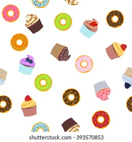 Seamless vector pattern with donuts and cupcakes