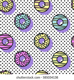 Seamless vector pattern of donuts in style of 90's on geometric background.