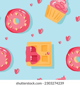 Seamless vector pattern with donuts, waffles and muffins.
