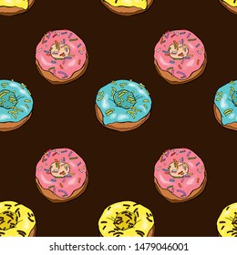 Seamless vector pattern of donuts with yellow, pink and blue glaze on brown background. Isolated. Illustration
