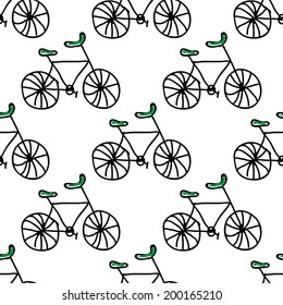 Seamless vector pattern with doodle bicycles on white background