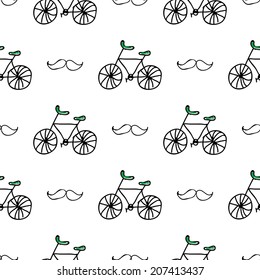 Seamless Vector Pattern With Doodle Bicycles And Mustache On White Background