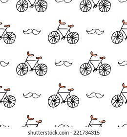 Seamless Vector Pattern With Doodle Bicycles And Mustache On White Background