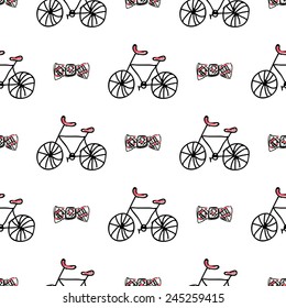 Seamless vector pattern with doodle bicycles and on white background