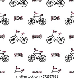 Seamless vector pattern with doodle bicycles and on white background