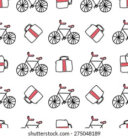 Seamless vector pattern with doodle bicycles and bags on white background