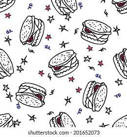 Seamless vector pattern with doodle burger and stars
