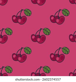 Seamless vector pattern with doodle cherries and leaves. Perfect print for card, label, textile, fabric, paper. Hand drawn illustration.


