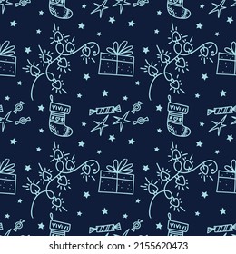seamless vector pattern with doodle Christmas decorations on the dark blue background