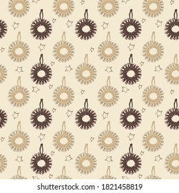 Seamless vector pattern from doodle elements of weaving Christmas toys macrame and trendy interior in boho, folk style. Background for printing on fabric, paper, etc.