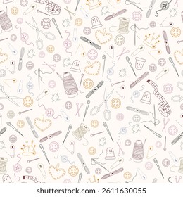 Seamless vector pattern with doodle elements. Knitting and sewing tools and accessories. Hobby and leisure background