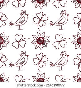 seamless vector pattern with doodle flowers, bird and clover leaves