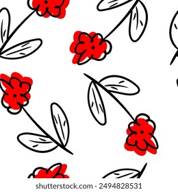 Seamless vector pattern with doodle flowers and leaves on white background