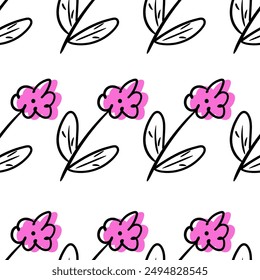 Seamless vector pattern with doodle flowers and leaves on white background