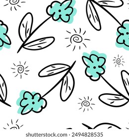 Seamless vector pattern with doodle flowers,leaves and sun on white background