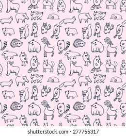 Seamless vector pattern with doodle forest animals. 