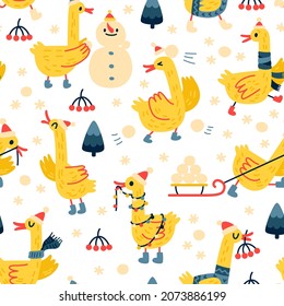 Seamless vector pattern with doodle geese. Christmas illustration for wallpaper, background, textile