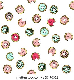 Seamless vector pattern with doodle hand drawn donuts. Color illustration of cute desserts.