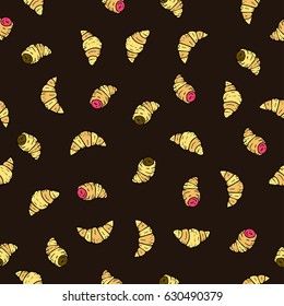 Seamless vector pattern with doodle hand drawn donuts. Color illustration of cute desserts.