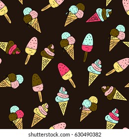 Seamless vector pattern with doodle hand drawn ice cream. Color illustration of cute desserts.