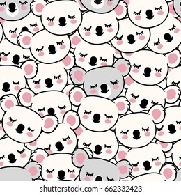 Seamless vector pattern with doodle hand drawn white and grey koala's faces. Background made up of koala heads. Can be used as wallpaper, for scrap-booking, fashion, paper, textile, clothes
