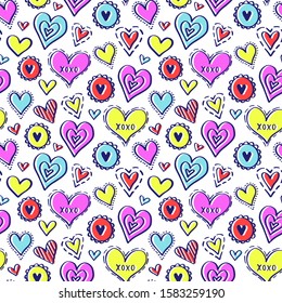 Seamless vector pattern with doodle hearts on white background. Heart background for valentine's day and kids design. Can be used for wallpaper, textile and wrapping paper.