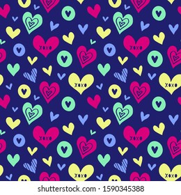 Seamless vector pattern with doodle hearts on dark background. Heart background for valentine's day and kids design. Can be used for wallpaper, textile and wrapping paper.