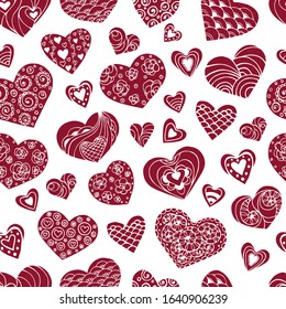 Seamless vector pattern from doodle hearts. Can be printed and used as wrapping paper, wallpaper, textile, fabric, etc. Design for birthday, wedding, Valentine's Day, mother's day.
