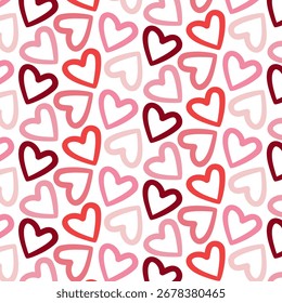 Seamless vector pattern with doodle hearts in red and pink tones. Retro romantic background for Valentine s Day, textile, wrapping, wallpaper.