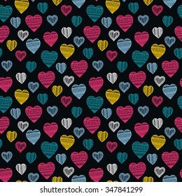 Seamless vector pattern with doodle hearts. Colorful background for St. Valentine's Day.