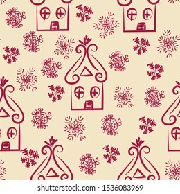 A seamless vector pattern with doodle houses and snowflakes. Simple naive surface print design. Suitable for backgrounds, textiles, cards and gitf wrap.