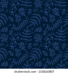 seamless vector pattern with doodle leaves and berries on the dark blue background