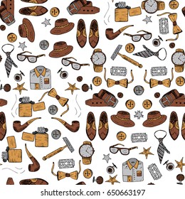 Seamless vector pattern with doodle man symbols. Doodle illustration with accessories