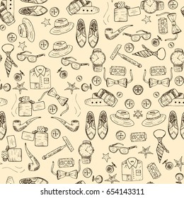 Seamless vector pattern with doodle man symbols. Doodle illustration with accessories