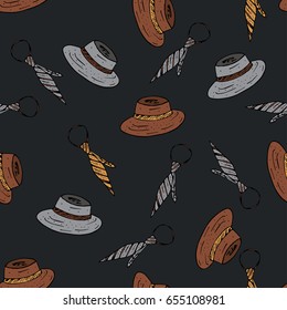 Seamless vector pattern with doodle man symbols. Doodle illustration with hat and tie.