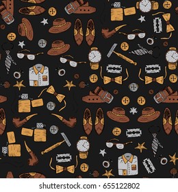Seamless vector pattern with doodle man symbols. Doodle illustration with accessories