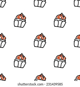 Seamless vector pattern with doodle orange cupcakes