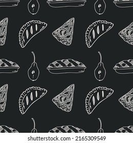 seamless vector pattern with doodle pies and pears on the dark gray background