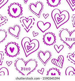 Seamless vector pattern with doodle pink hearts on white background. Heart background for valentine's day and kids design. Can be used for wallpaper, textile and wrapping paper.