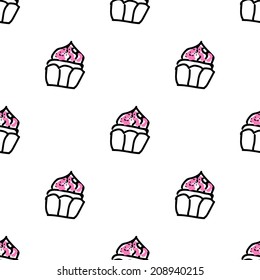 Seamless vector pattern with doodle pink cupcakes