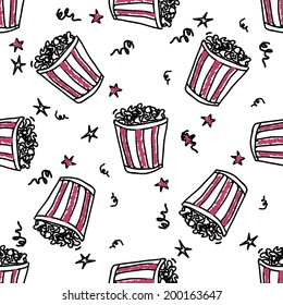 Seamless vector pattern with doodle pop corn baskets and stars